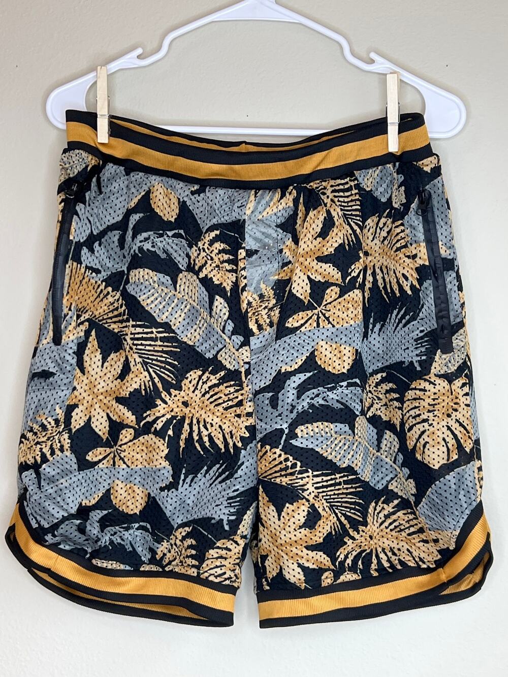 G-Net Men's Tropical Palm Print Black Yellow Mesh Athletic Basketball Shorts XL